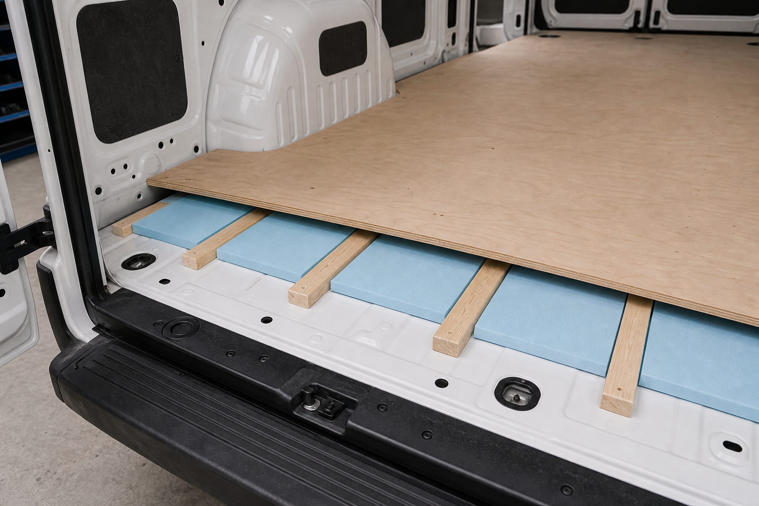 Campervloer met drukvaste XPS-isolatie tussen gerichte draaglatten en multiplex afwerking