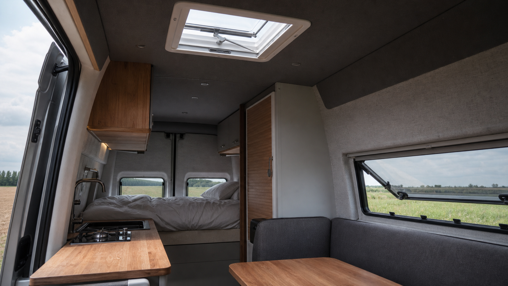 Camperinterieur met dakraam en uitstellend zijraam voor daglicht en natuurlijke ventilatie