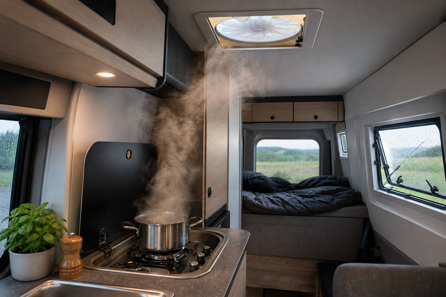 Kookdamp in een camper wordt via een dakventilator afgevoerd terwijl een zijraam buitenlucht toevoert
